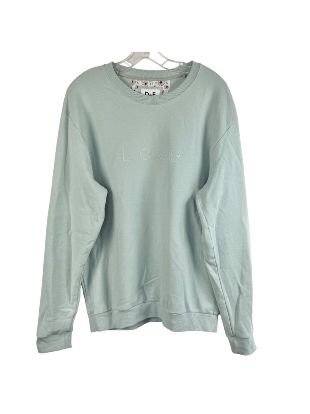 D&F Denim & Flower by Ricky Singh Crewneck Sweatshirt XL "Love" Mint Green VGUC